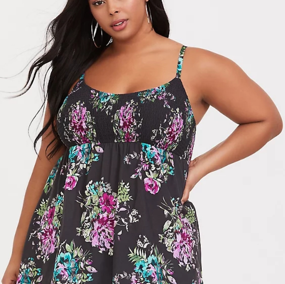 TORRID PLUS SIZE DARK GREY FLORAL SMOCKED BABYDOLL CAMI